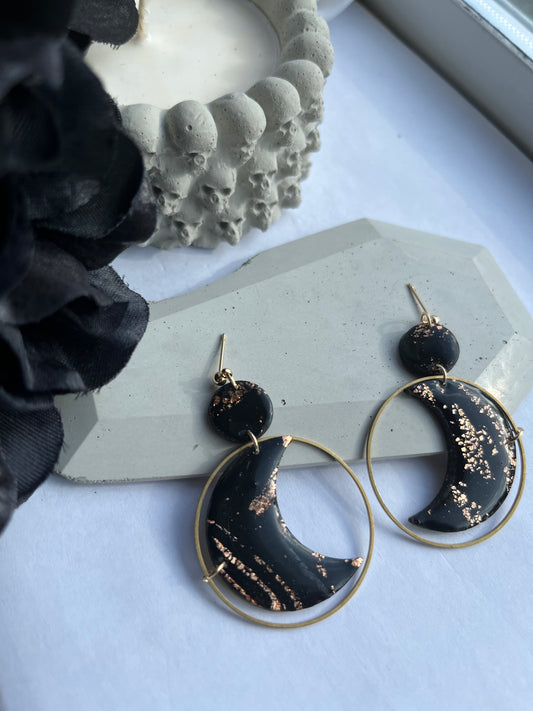 Boho Moon Dangles in Rose Gold & Black